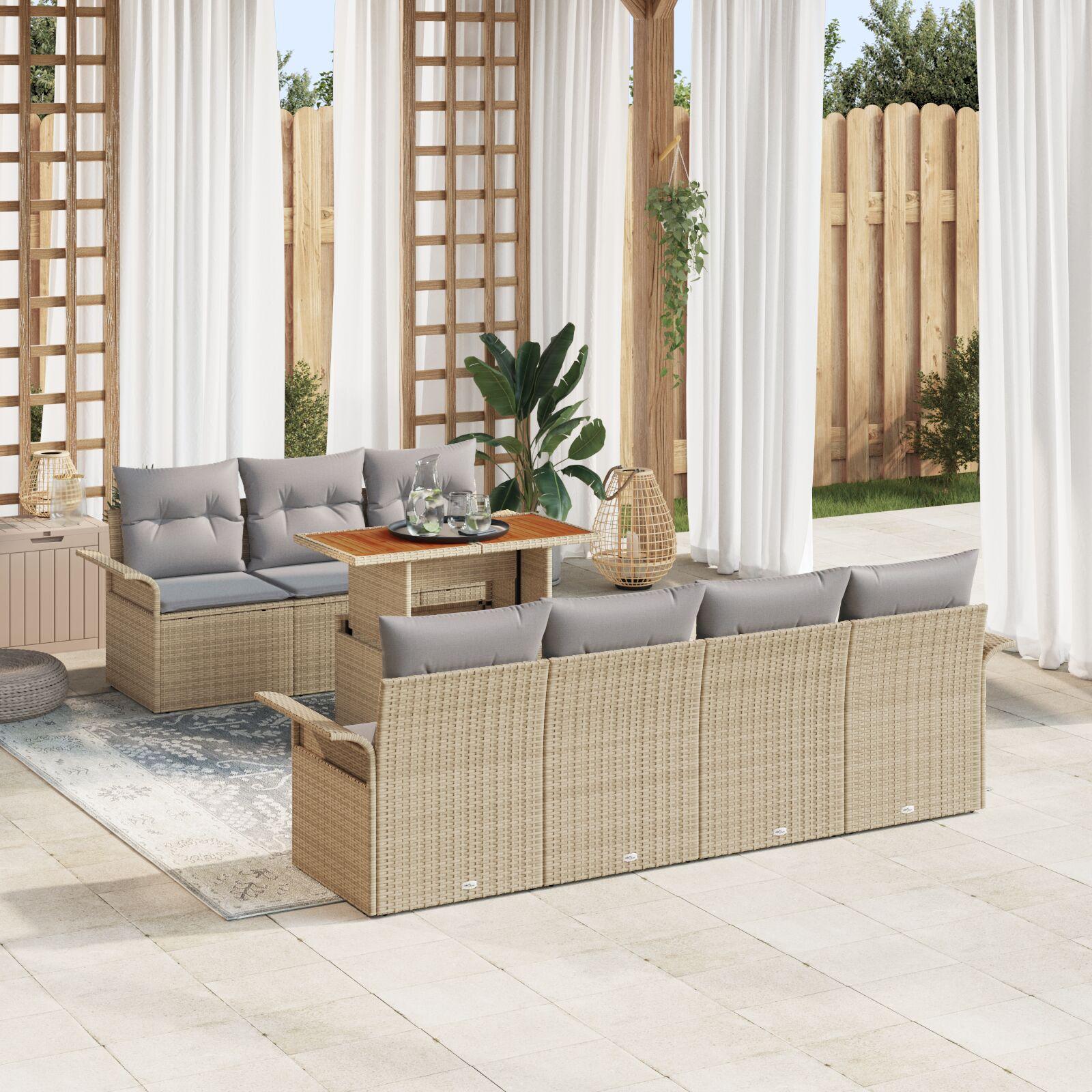 8 Piece Have Sofa Sæt med Puder Beige Poly Rattan Akacia