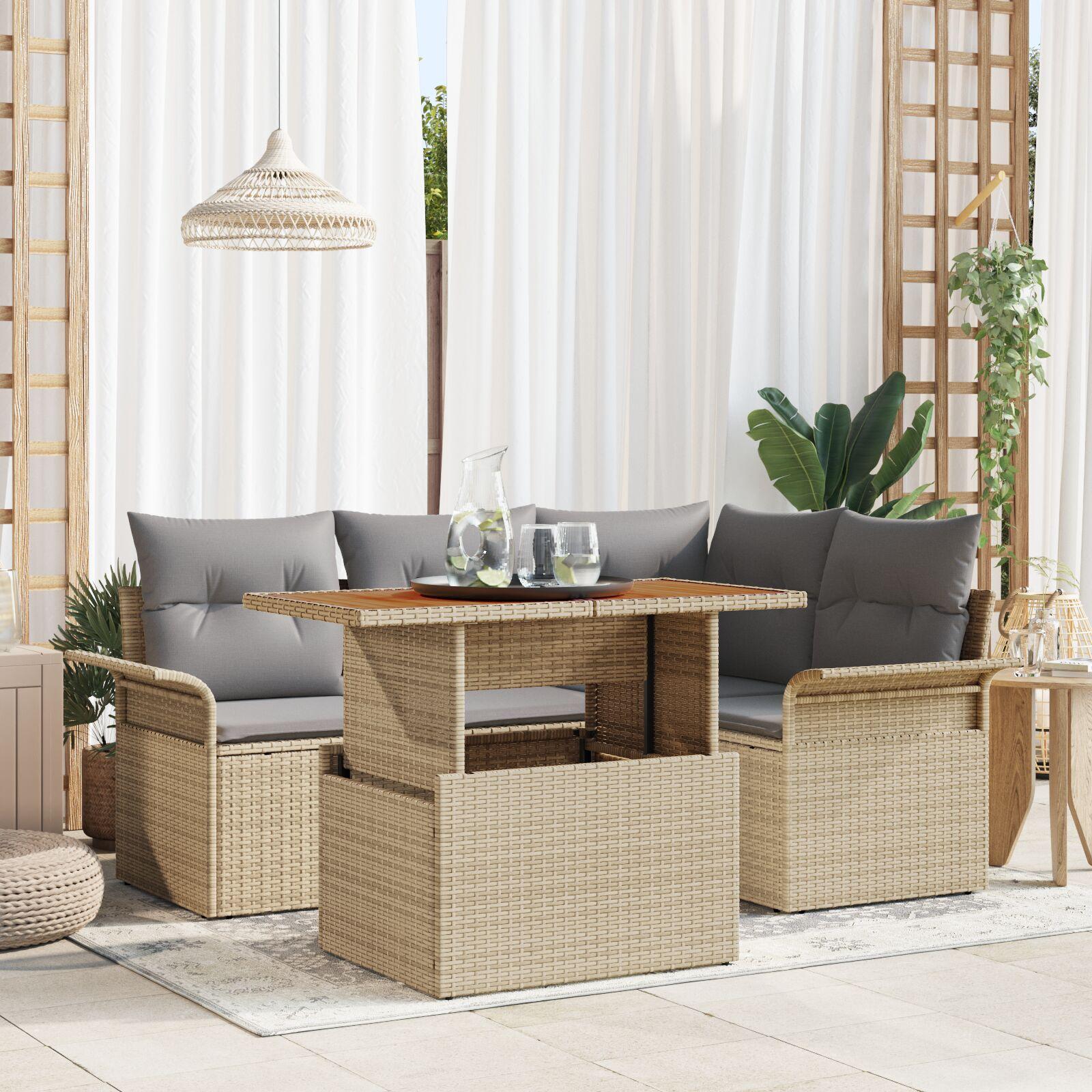 5 Stykker Have Spisebordssæt med Puder Beige Poly Rattan Akacie