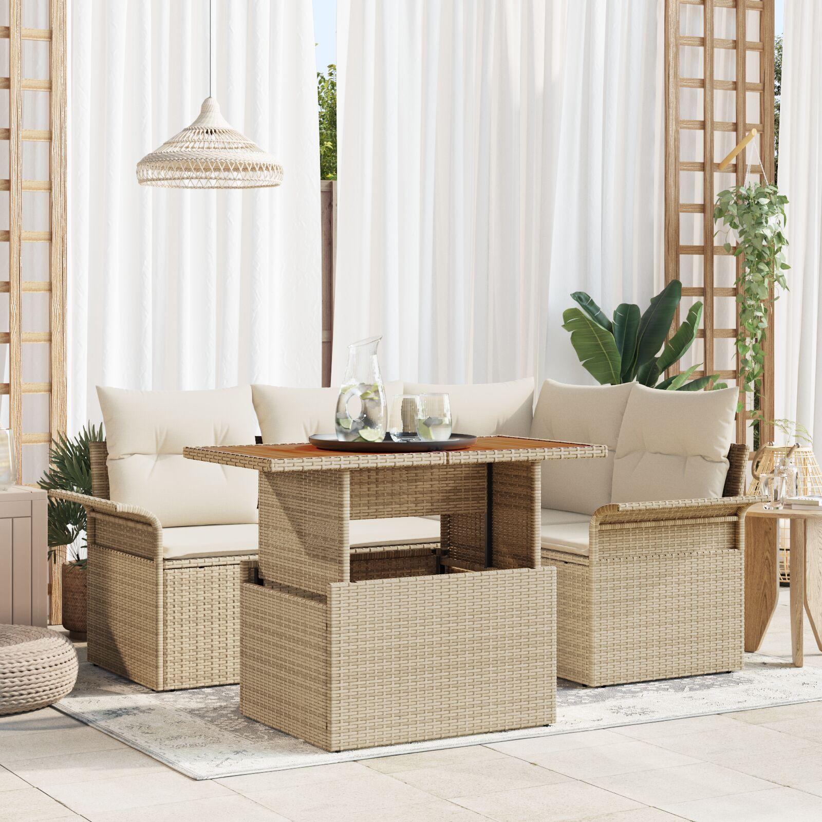 5 Stykker Havemøbel Sæt med Puder Beige Poly Rattan Acacia