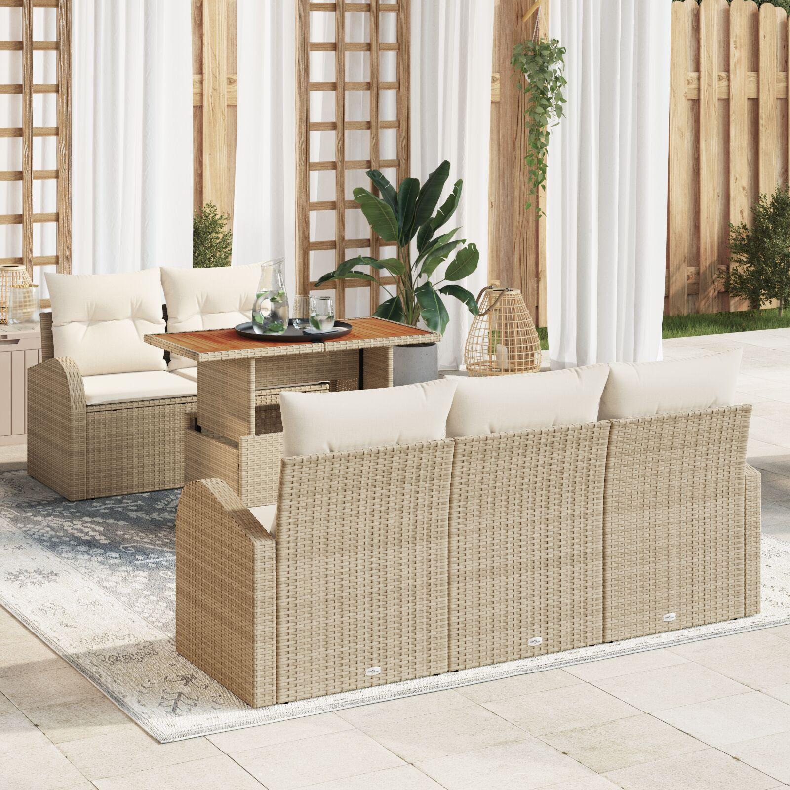 6 Stykke Have Spisestue Sæt med Puder Beige Poly Rattan Acacia