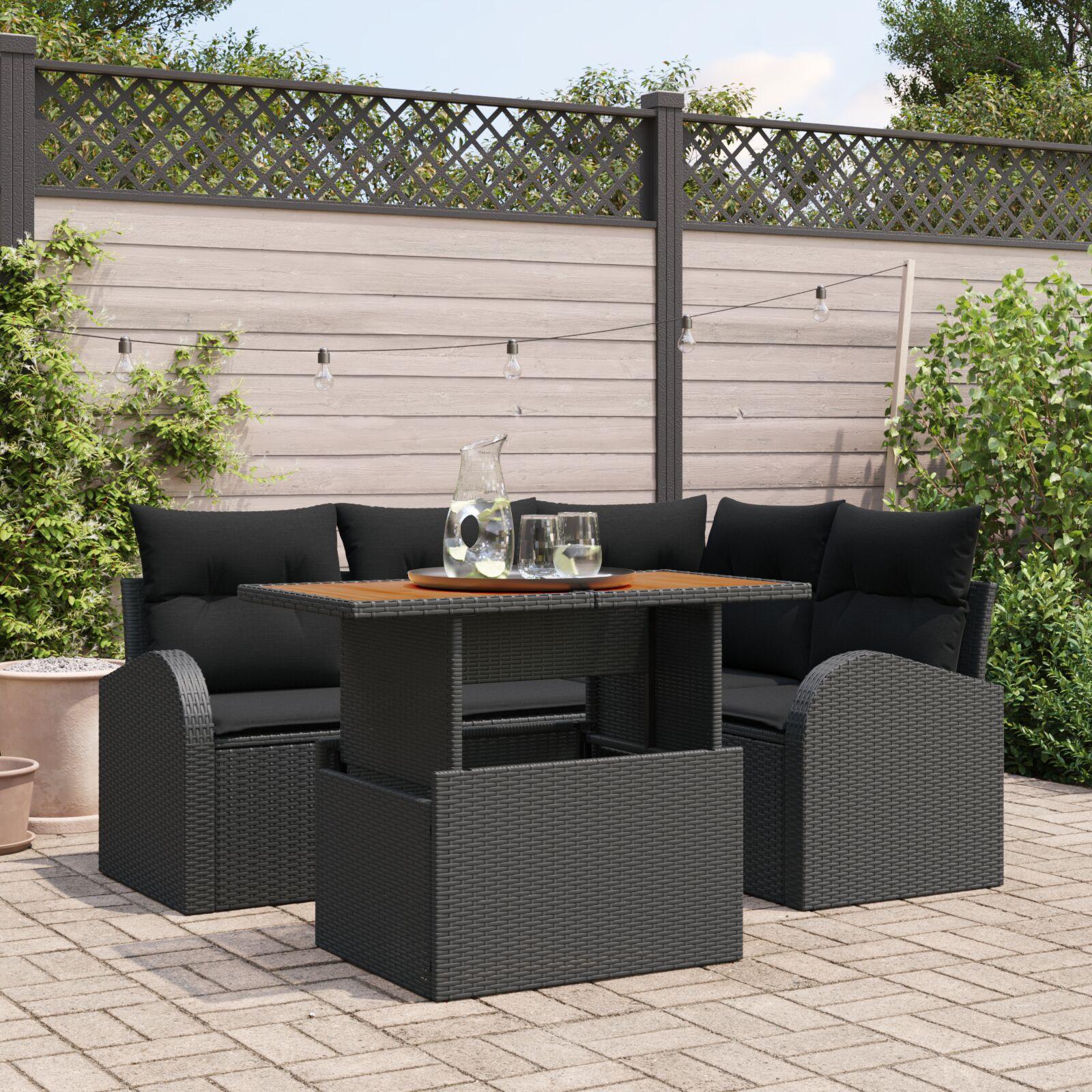 5 Piece Garden Dining Set with Cushions Black Poly Rattan Acacia