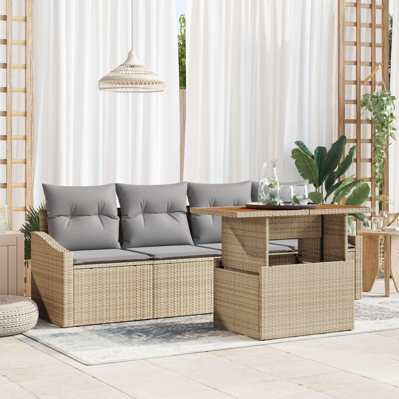 5 Piece Have Spisebord Sæt med Puder Beige Poly Rattan Akacia