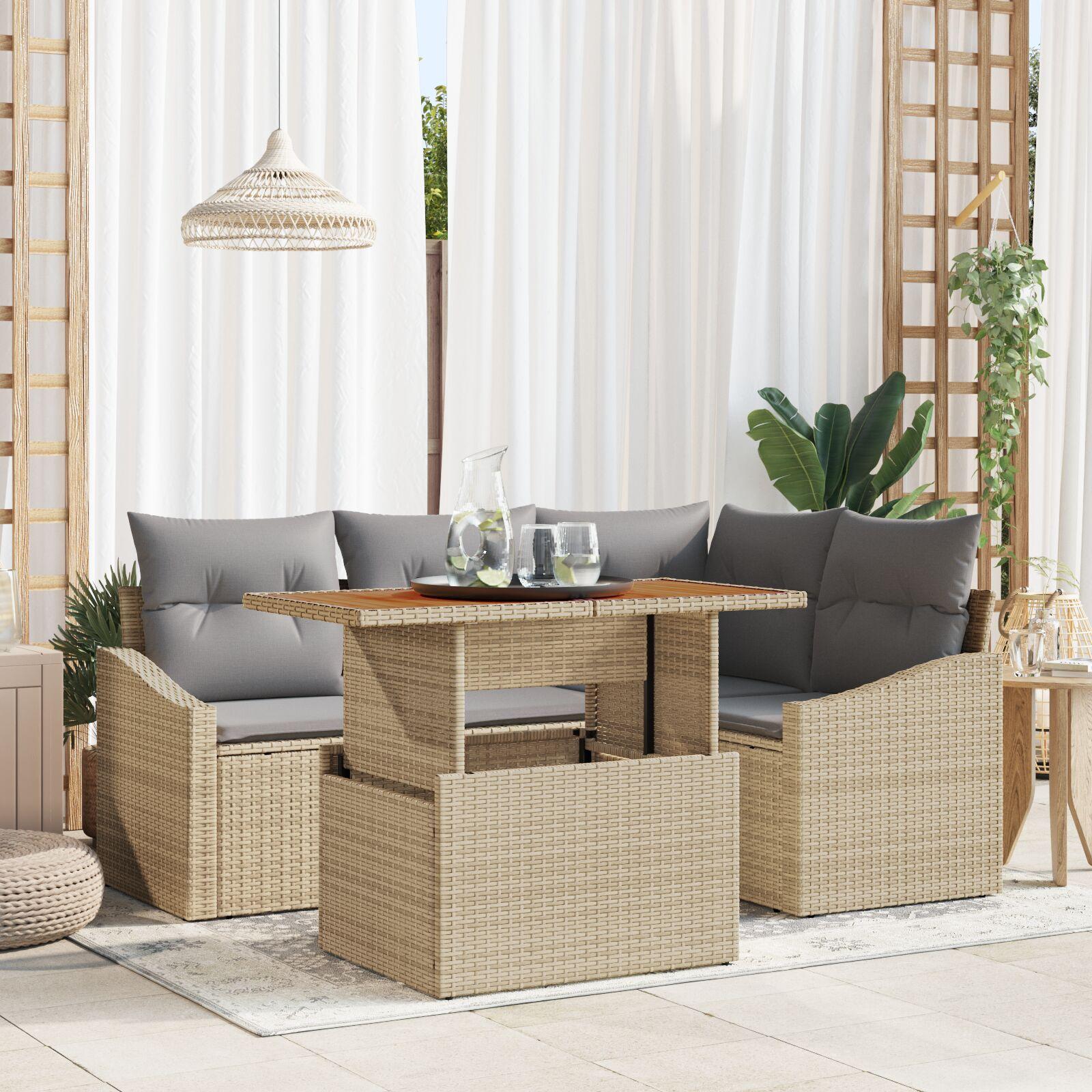 5 dele Have Spisebordssæt med puder Beige Poly Rattan Akacia
