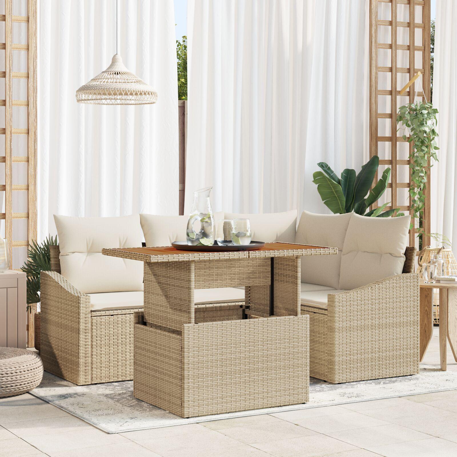 5 Stykker Have Spisebordssæt med Puder Beige Poly Rattan Akacie