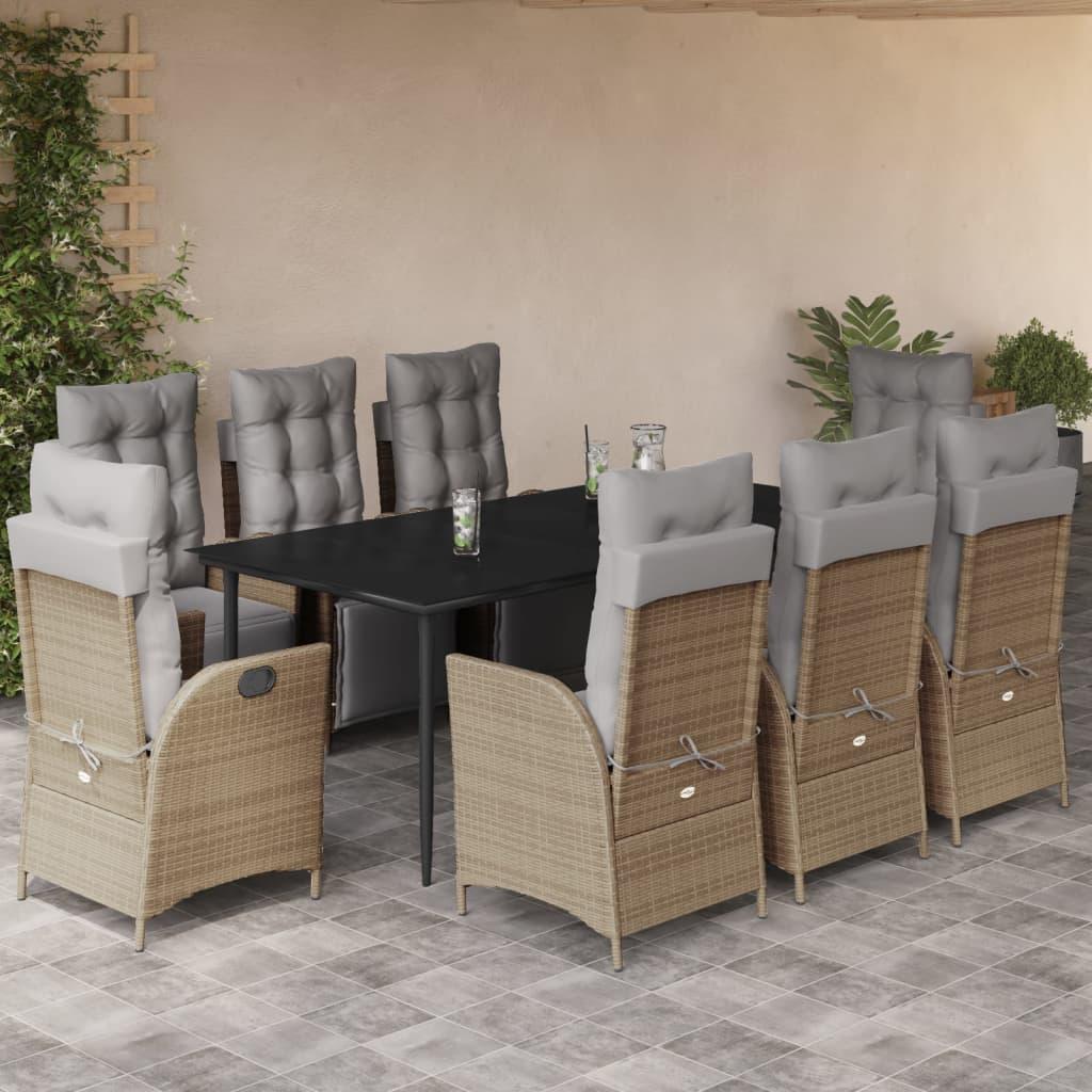 Spisebordssæt til haven 9 dele med hynder polyrattan beige