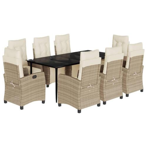 Spisebordssæt til haven 9 dele med hynder polyrattan beige