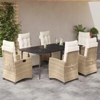 Spisebordssæt til haven 7 dele med hynder polyrattan beige