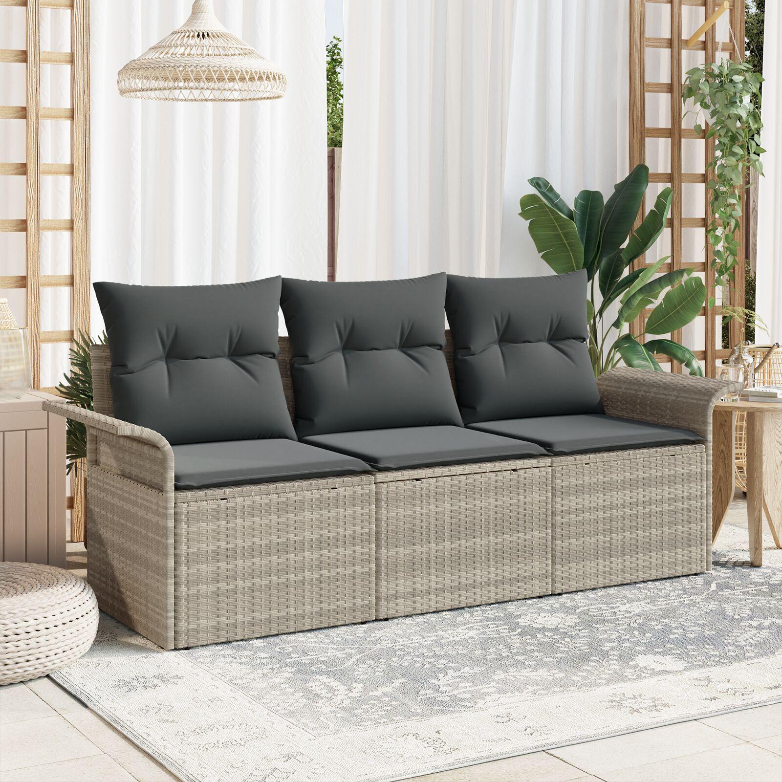 3 Stykker Havemøbel Sofa Sæt med Puder Lysegrå Polyrattan,  2-sæders Havemøbel Sofa med Opbevaring&Puder Lysegrå Polyrattan