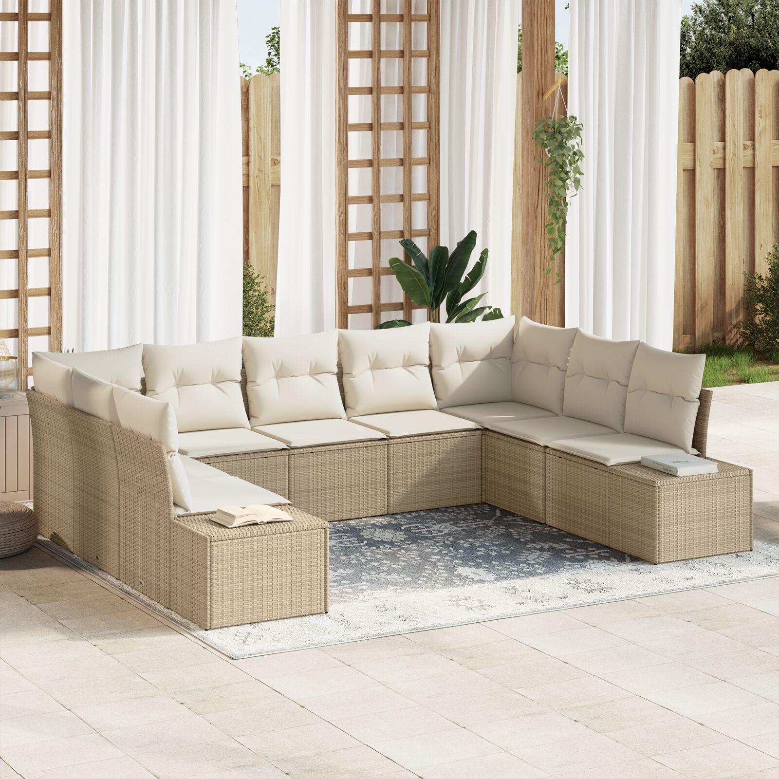 9-delers Have Sofa Set med Puder Beige Poly Rattan