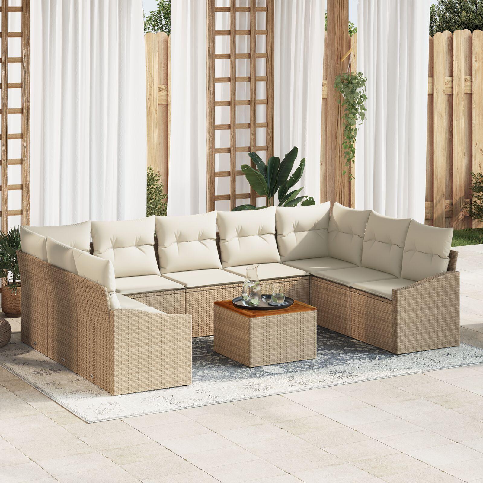 10 Deles Have Sofa Sæt med Puder Beige Poly Rattan Acacia