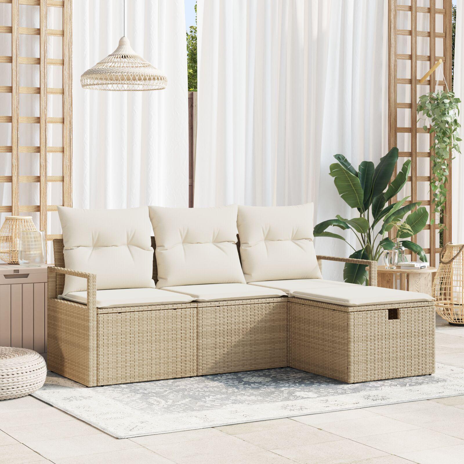4 Deles Have Sofa Sæt med Puder Beige Poly Rattan,  2-Sæders Have Sofa med Puder Beige Poly Rattan