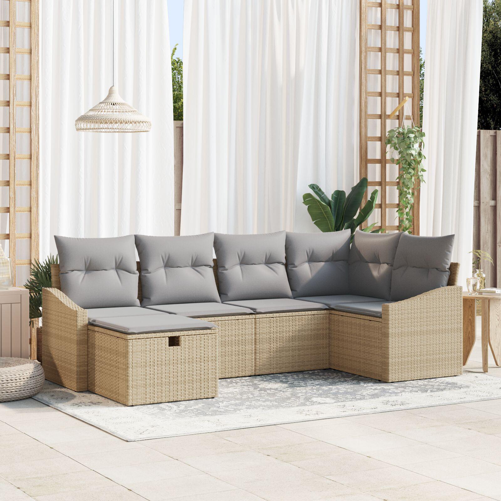 6 Stykke Have Sofa Sæt med Puder Beige Poly Rattan