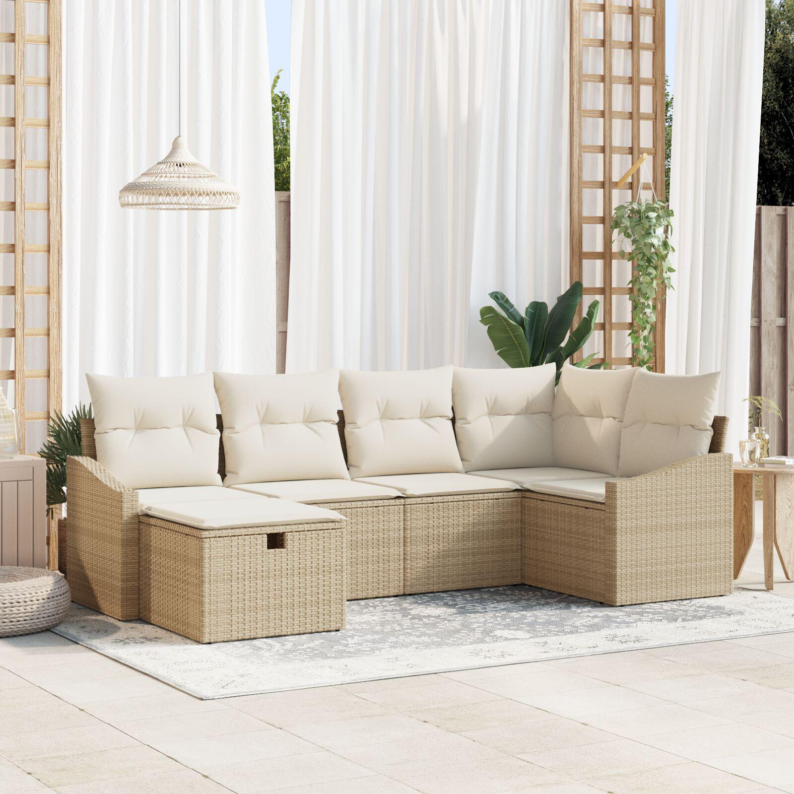 6 Stykker Have Sofa Sæt med Puder Beige Poly Rattan