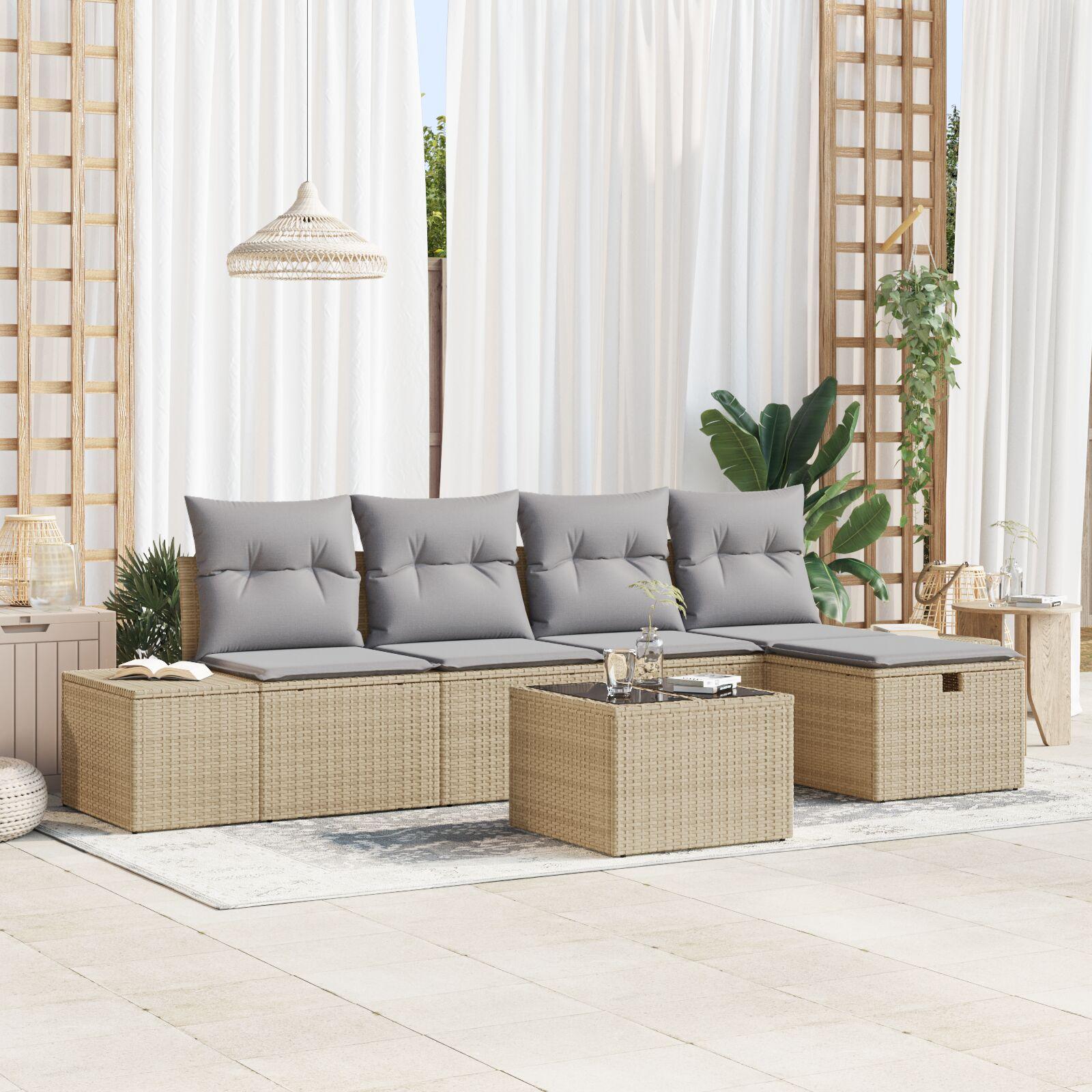Havesofa sæt 6 dele i beige polyrattan til terrasse og have