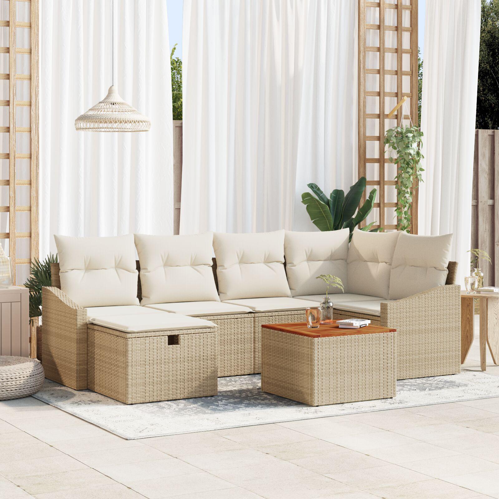 7 Stykke Have Sofa Sæt med Puder Beige Poly Rattan