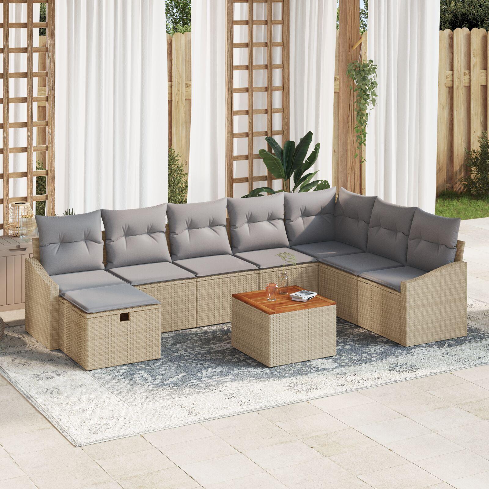 9 Personers Have Sofa Sæt med Puder Beige Poly Rattan