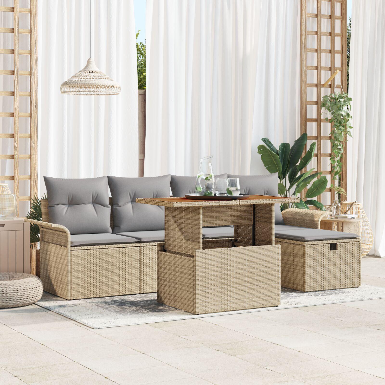 6 Deles Have Sofa Sæt med Puder Beige Poly Rattan