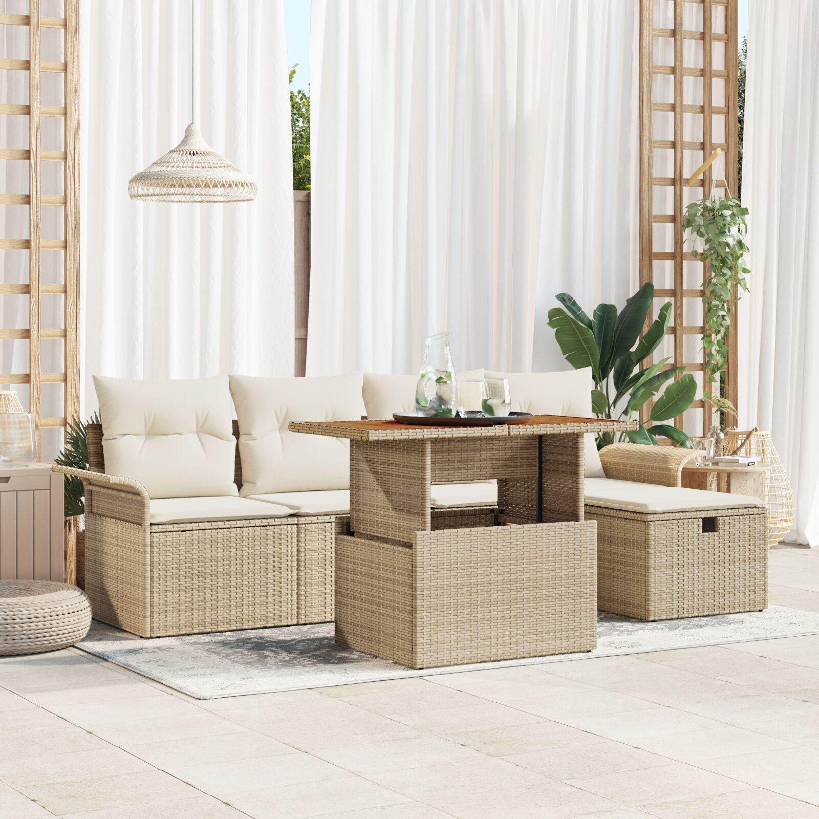 6 Deles Have Sofa Sæt med Puder Beige Poly Rattan