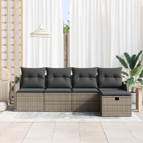 5-Stykker Have Sofa Sæt med Puder Grå Poly Rattan, 2-Sæders Have Sofa med Opbevaring & Puder Grå Poly Rattan