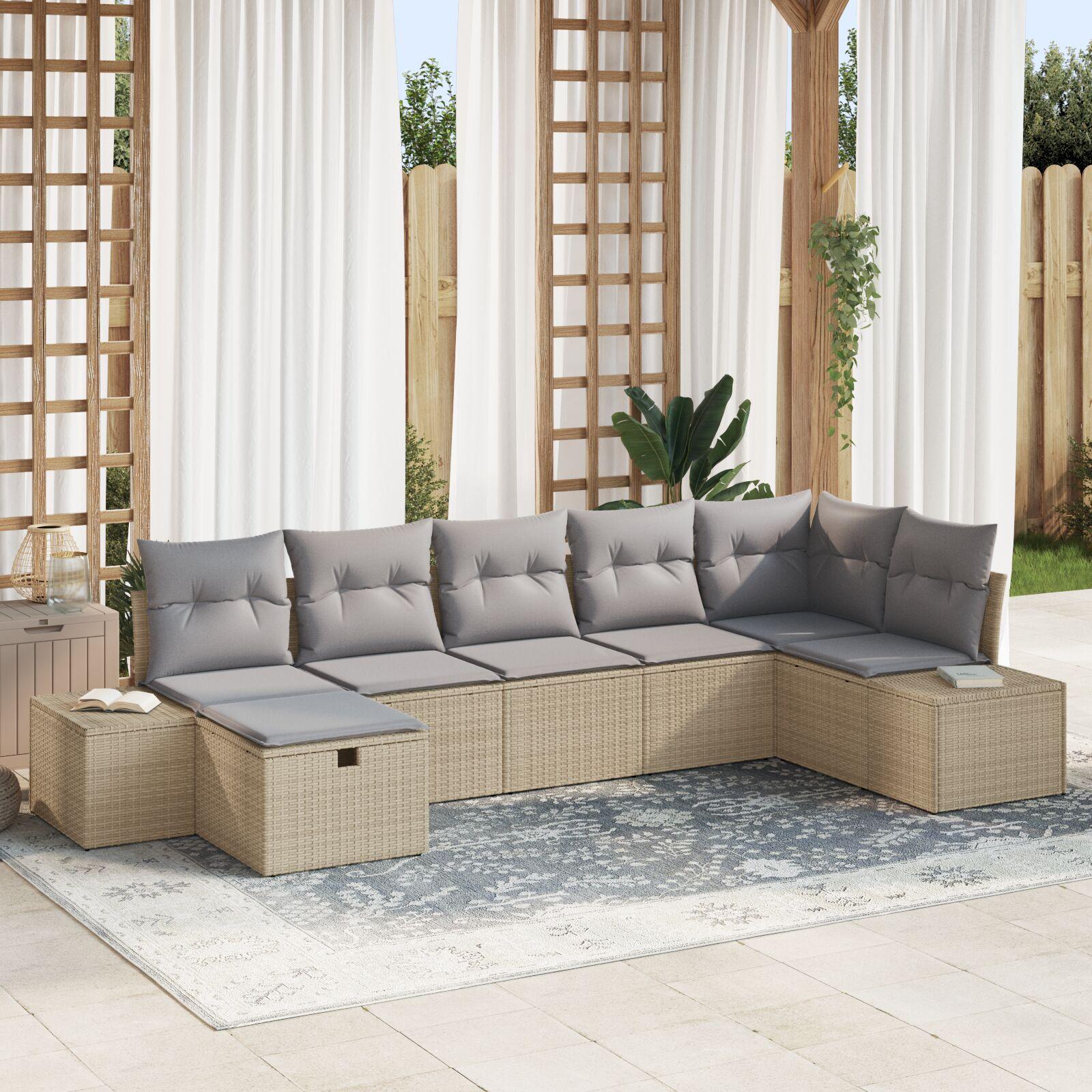 Havesofa Sæt med pude 7 stk Beige 55 x 62 x 69 cm Poly rattan billede