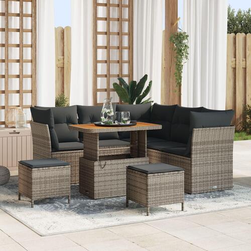 8 Stk Havemøbel Sæt med Puder Grå Poly Rattan Akacia, 3 Stk Havemøbel Dining Sæt med Puder Grå Poly Rattan Akacia