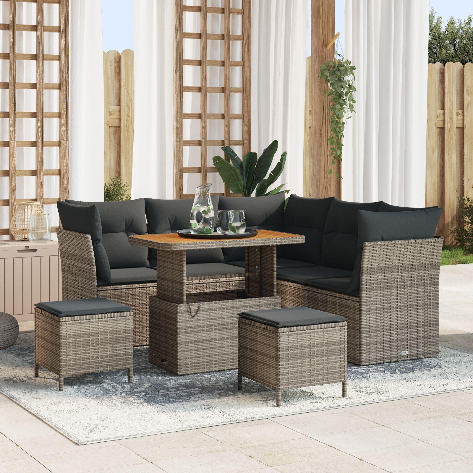 8 Stk Havemøbel Sæt med Puder Grå Poly Rattan Akacia, 3 Stk Havemøbel Dining Sæt med Puder Grå Poly Rattan Akacia