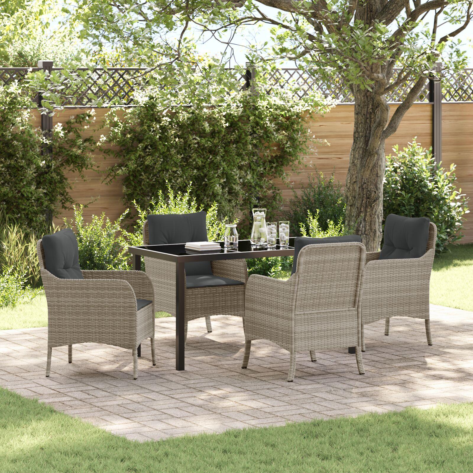 5 Piece Have Spisestel med Hynder Lysegrå Poly Rattan