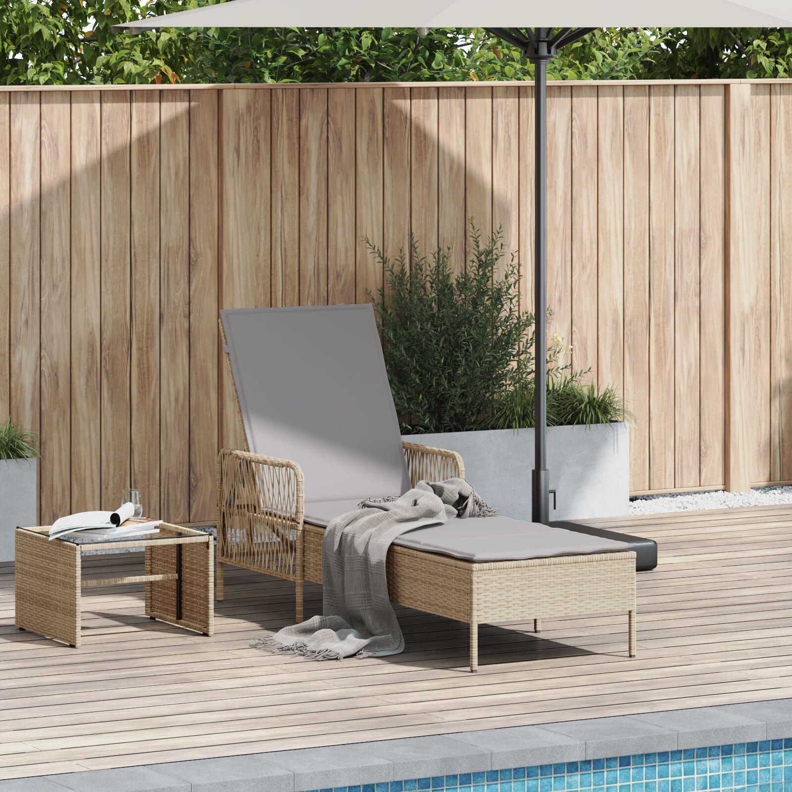 Liggestol med pude 1-person Beige 157 x 55 x 92cm polyrattan billede