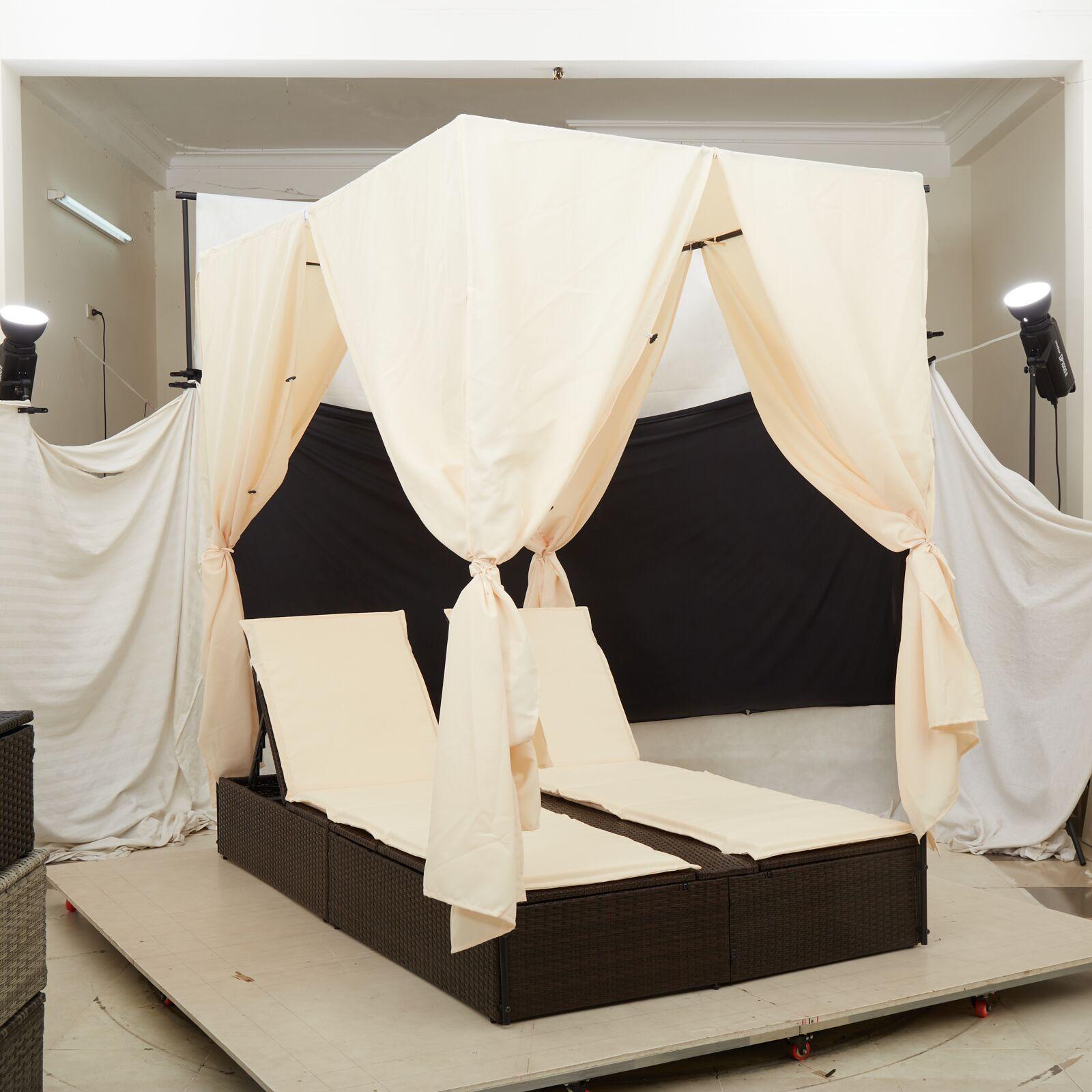 Dobbel solstol med tag og gardiner Brun Poly Rattan