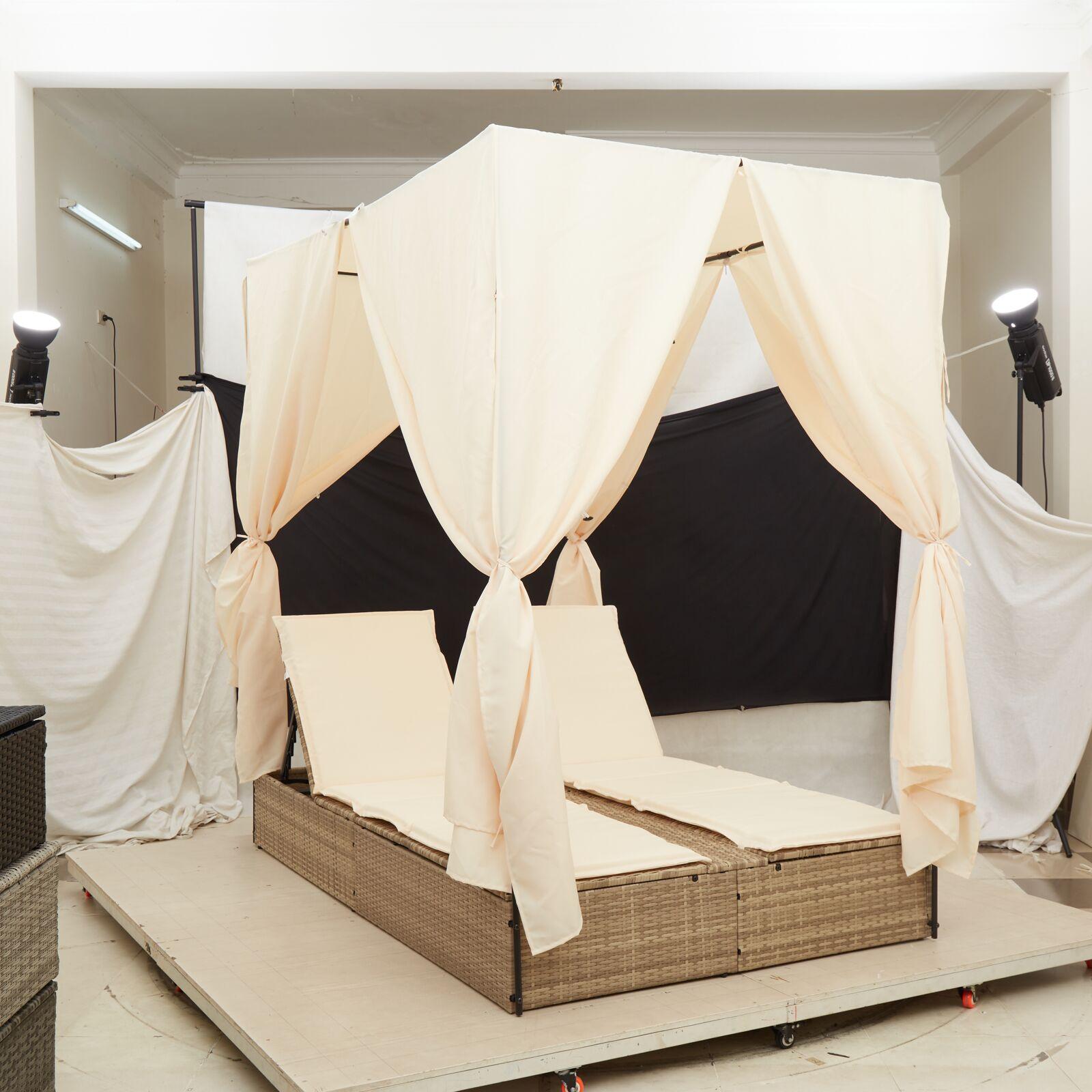 Dobbel solstol med tag og gardiner Beige Poly Rattan