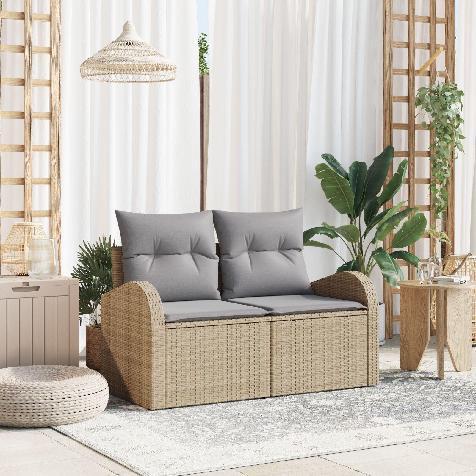 2-Sæders Have Sofa med Opbevaring & Puder Beige Poly Rattan