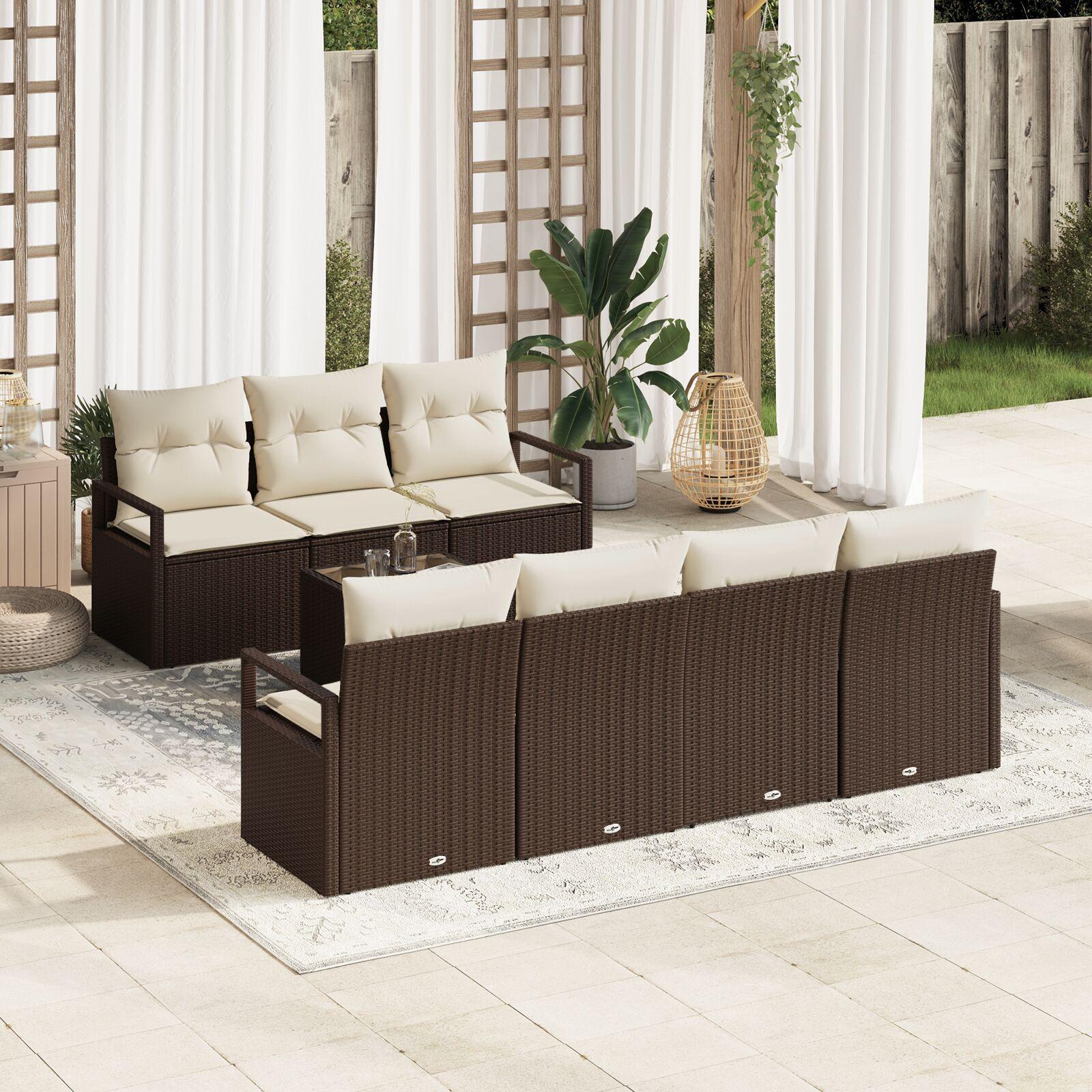 8 Stykker Have Sofa Sæt med Puder Brun Poly Rattan, 2-Sæders Have Sofa med Puder Brun Poly Rattan