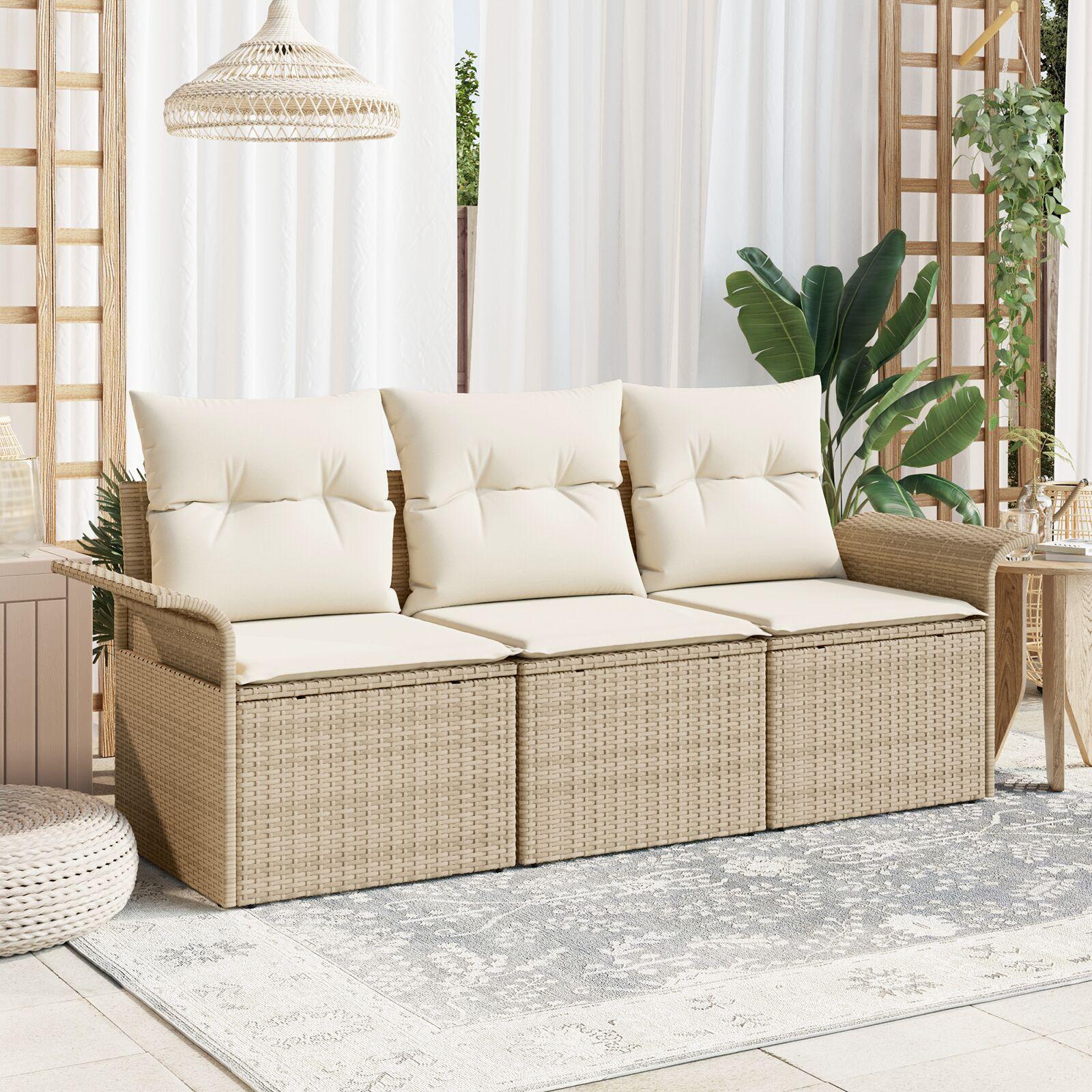 3 Stykker Have Sofa Sæt med Puder Beige Poly Rattan,  2-sæders Have Sofa med Opbevaring & Puder Beige Poly Rattan