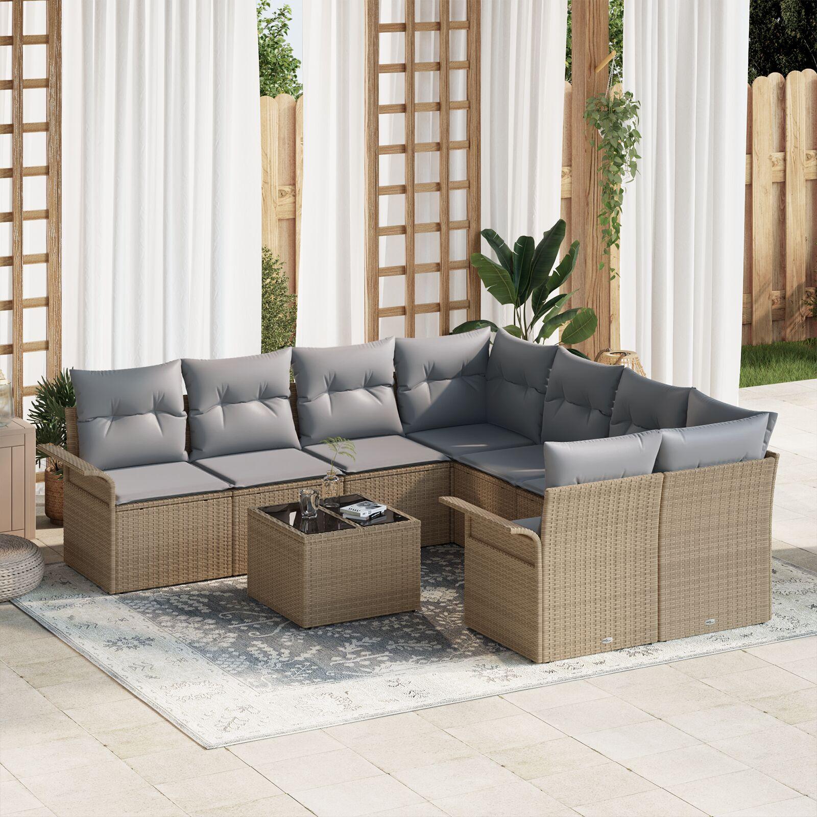 9 Personers Have Sofa Sæt med Puder Beige Poly Rattan, 2-personers Have Sofa med Opbevaring & Puder Beige Poly Rattan