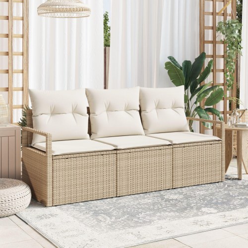 3-dele havesofa sæt med puder beige poly rattan, 2-personers havesofa med opbevaring & puder beige poly rattan
