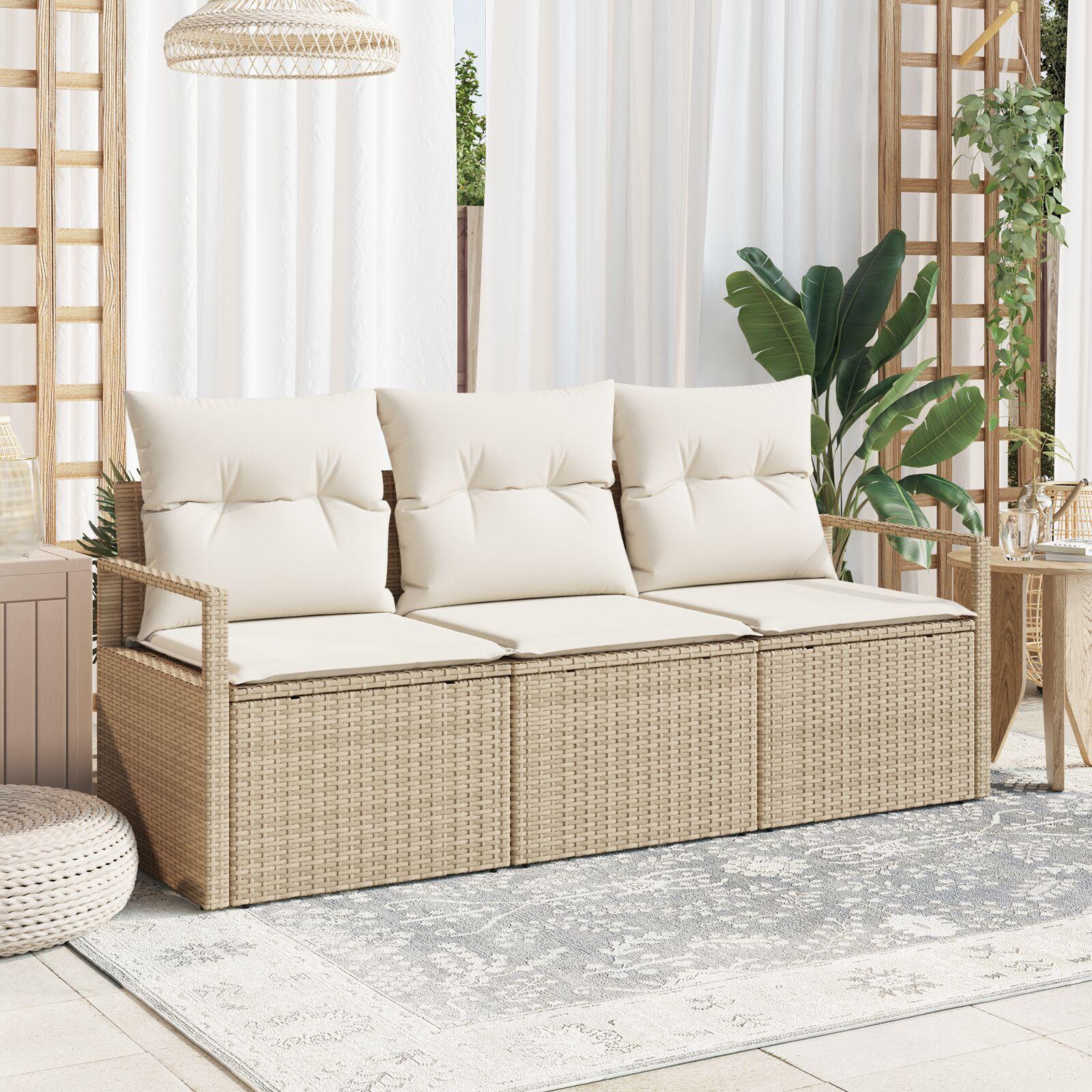 3-dele havesofa sæt med puder beige poly rattan,  2-personers havesofa med opbevaring & puder beige poly rattan