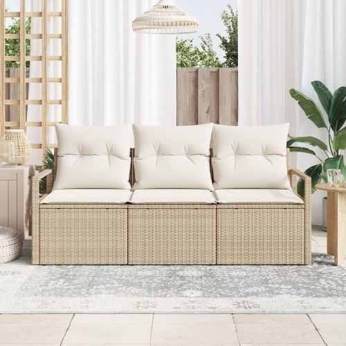 3-dele havesofa sæt med puder beige poly rattan, 2-personers havesofa med opbevaring & puder beige poly rattan