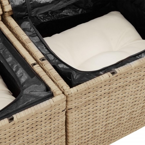 3-dele havesofa sæt med puder beige poly rattan, 2-personers havesofa med opbevaring & puder beige poly rattan