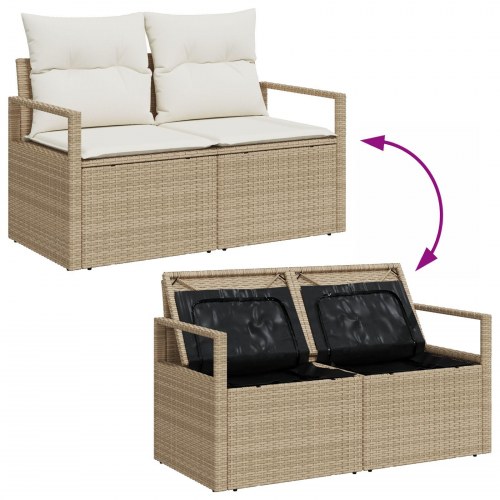 3-dele havesofa sæt med puder beige poly rattan, 2-personers havesofa med opbevaring & puder beige poly rattan