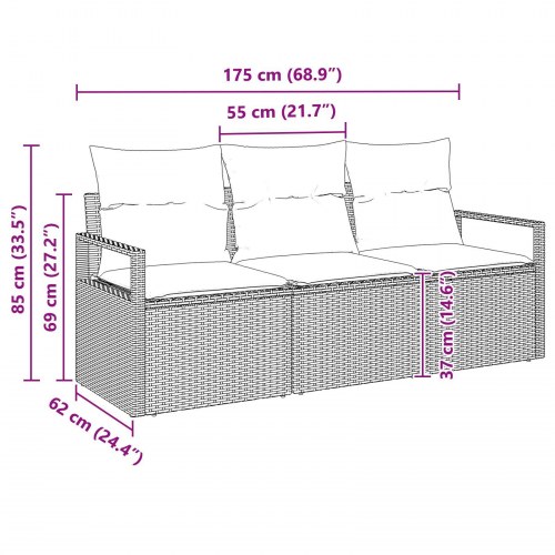 3-dele havesofa sæt med puder beige poly rattan, 2-personers havesofa med opbevaring & puder beige poly rattan