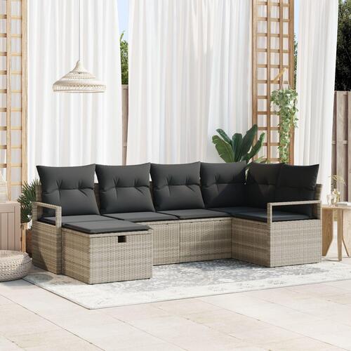 6 Deles Have Sofa Sæt med Puder Lys Grå Poly Rattan, 2-Sæders Have Sofa med Puder Grå Poly Rattan