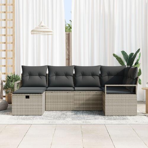 6 Deles Have Sofa Sæt med Puder Lys Grå Poly Rattan, 2-Sæders Have Sofa med Puder Grå Poly Rattan