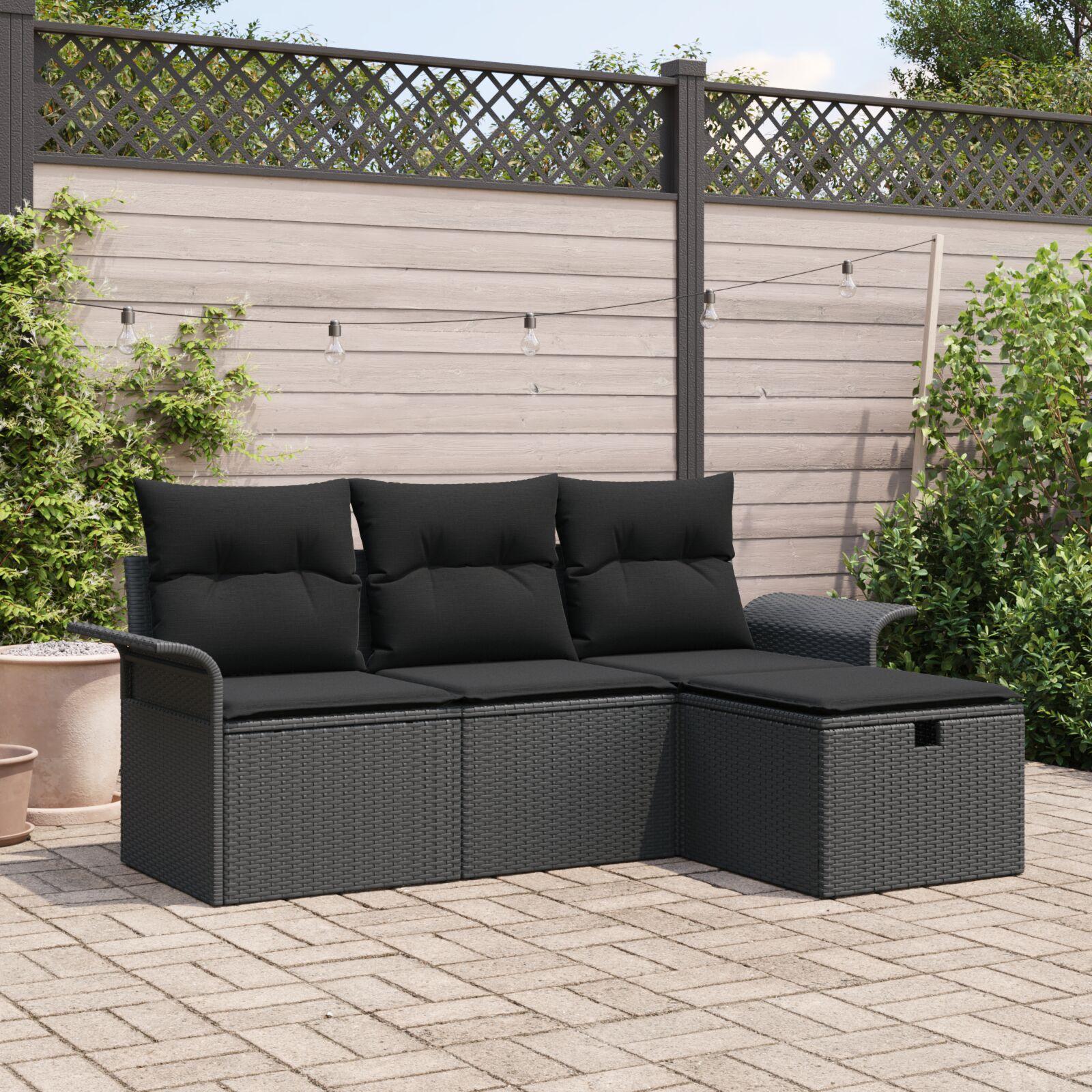 Havesofa Sæt med pude med opbevaring 4 stk Sort Poly rattan billede