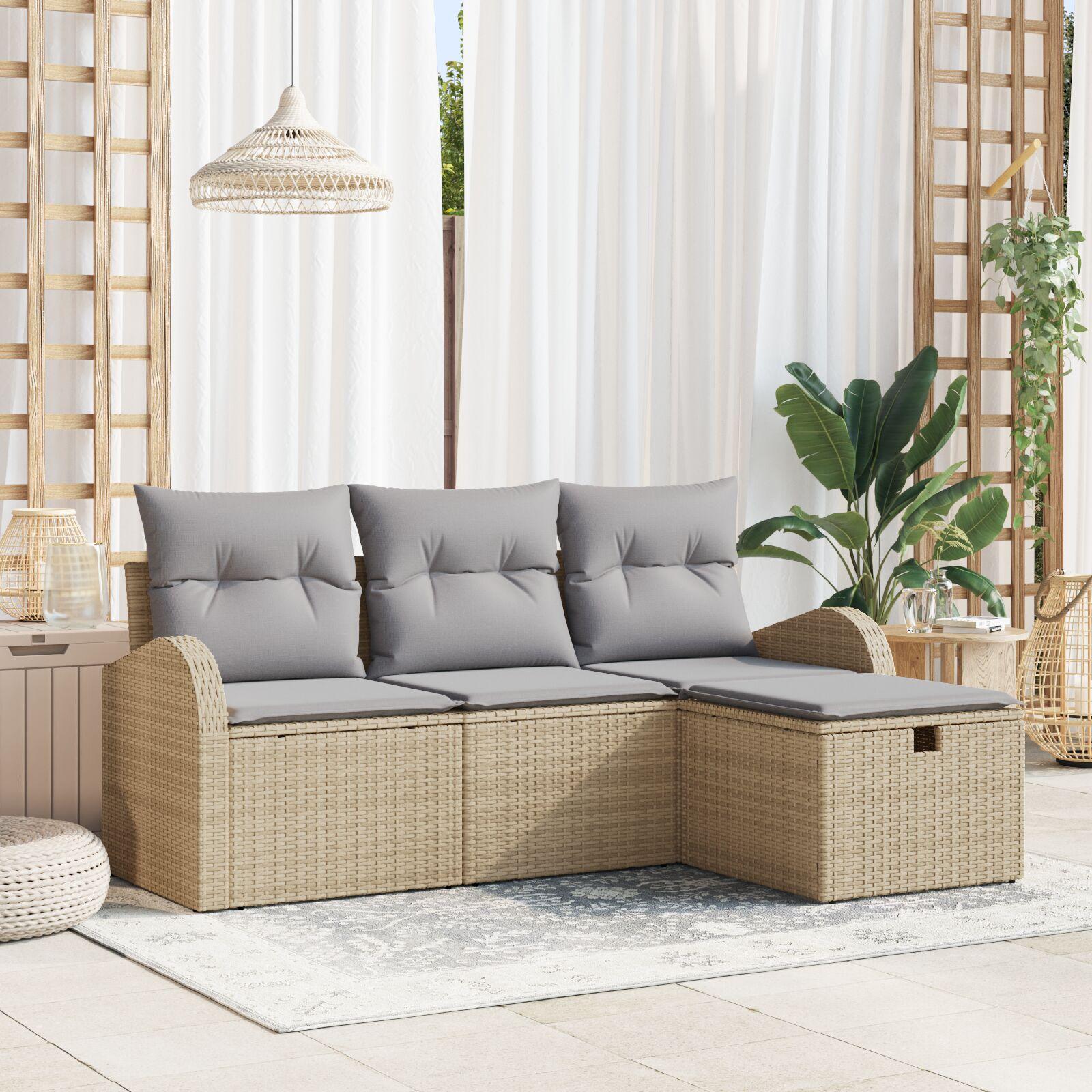 4 Deles Have Sofa Sæt med Puder Beige Poly Rattan,  2-personers Have Sofa med Opbevaring & Puder Beige Poly Rattan