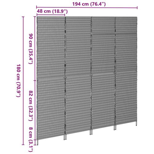 Rumdeler 4 Paneler Foldbar Grå 195x180 cm Poly Rattan