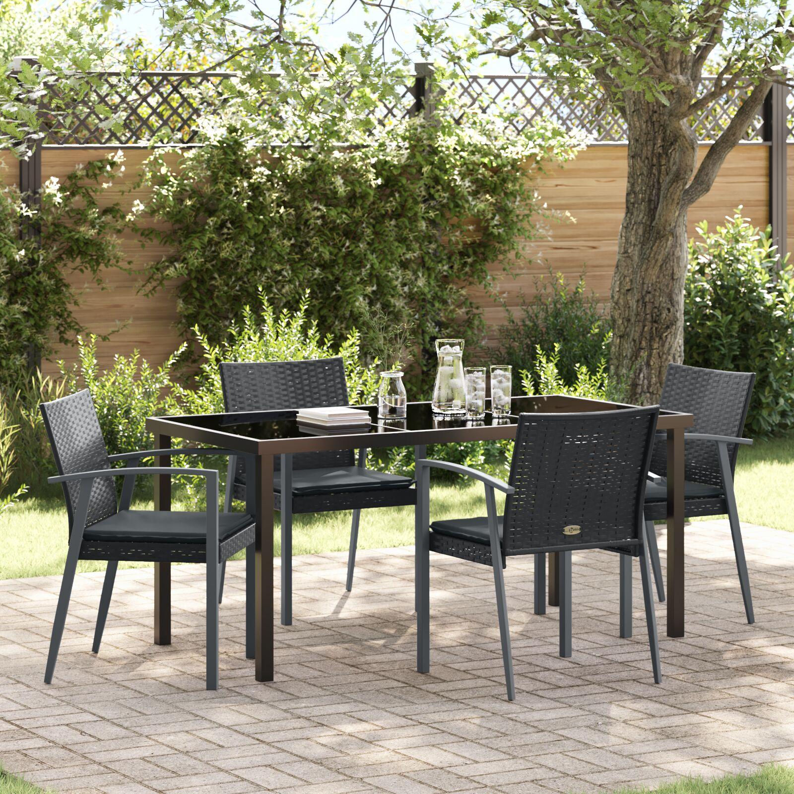5-delt Have Dining Set med Puder Sort Poly Rattan