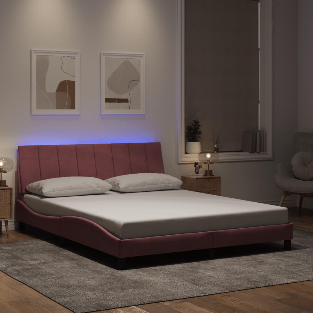 Sengeramme med LED-lys 160x200 cm velour pink