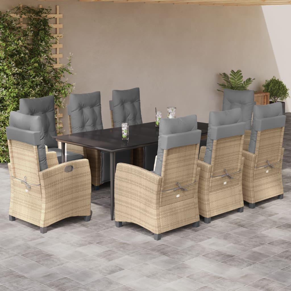 Spisebordssæt til haven 9 dele med hynder polyrattan beige