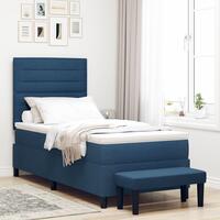 Box Spring Seng med Madras & Bænk Blå 90x190 cm Stof