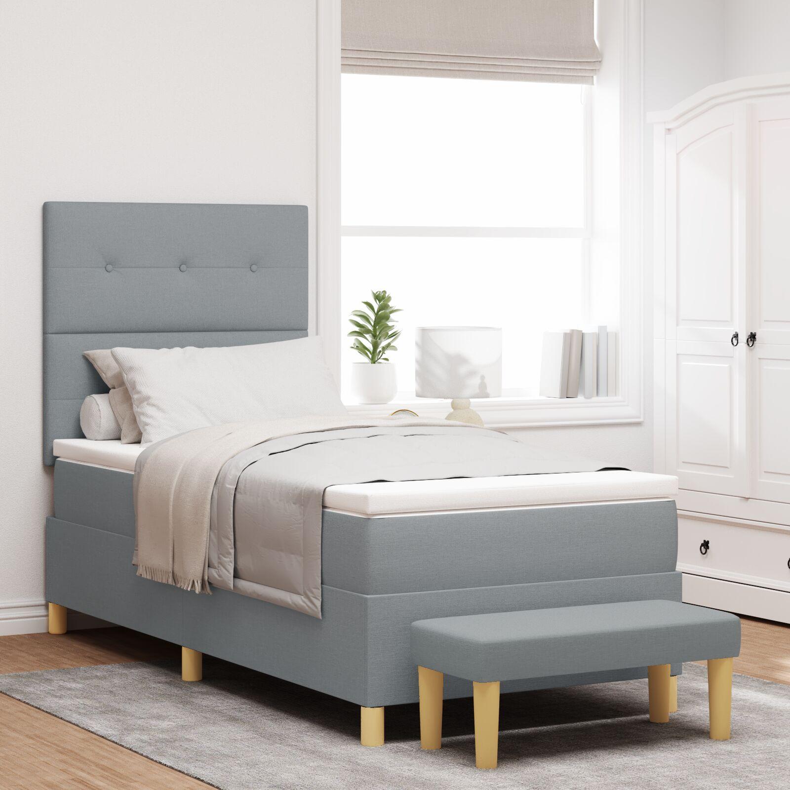Boxspring Seng med Madras & Bænk Lysegrå 90x190 cm Stof